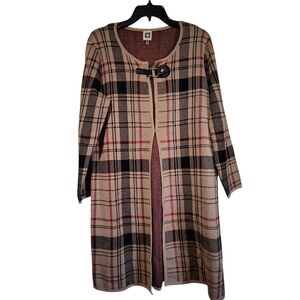 Anne Klein Medium Plaid Red and Beige Knit Long Cardigan Sweater Preppy Winter